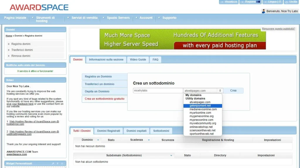 Interfaccia di registrazione del sottodominio su Awardspace, con opzioni per la creazione di un sottodominio e un elenco di domini esistenti.